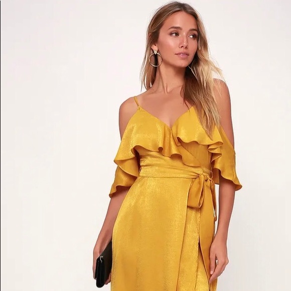 Lulus Layla Yellow Satin Off Shoulder Wrap Dress - Picture 1 of 5